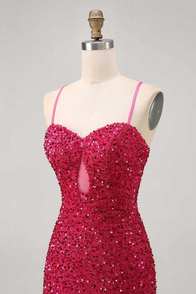 Load image into Gallery viewer, Sparkly Fuchsia Tight Sequin Spaghetti Straps Short Prom Dress