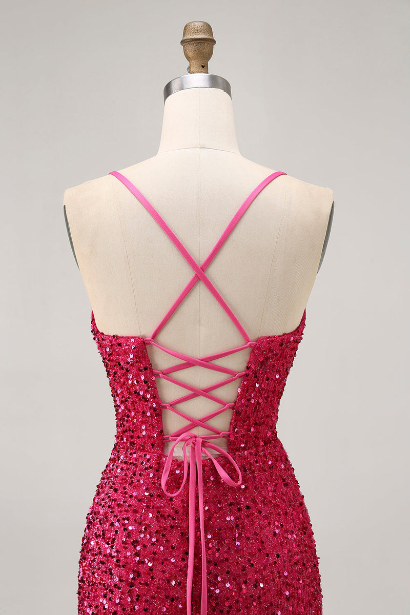 Load image into Gallery viewer, Sparkly Fuchsia Tight Sequin Spaghetti Straps Short Prom Dress
