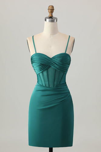 Dark Green Satin Corset Tight Short Prom Dress