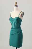 Load image into Gallery viewer, Dark Green Satin Corset Tight Short Prom Dress