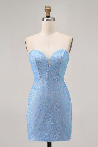 Sparkly Blue Corset Strapless Tight Short Prom Dress with Sequins