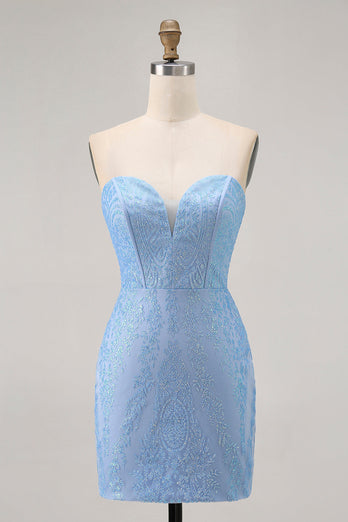 Sparkly Blue Corset Strapless Tight Short Prom Dress with Sequins