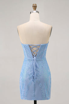 Sparkly Blue Corset Strapless Tight Short Prom Dress with Sequins