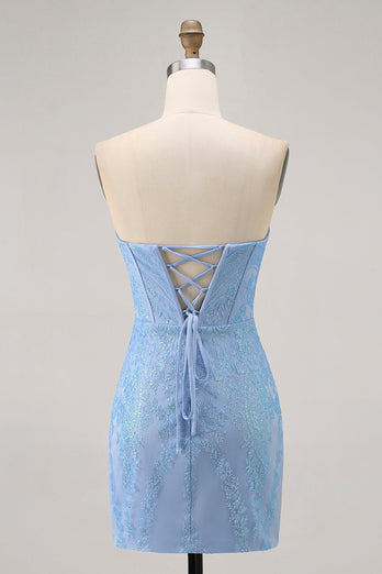 Sparkly Blue Corset Strapless Tight Short Prom Dress with Sequins