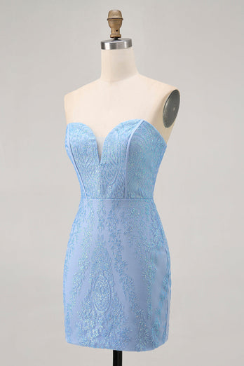 Sparkly Blue Corset Strapless Tight Short Prom Dress with Sequins