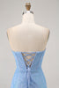 Load image into Gallery viewer, Sparkly Blue Corset Strapless Tight Short Prom Dress with Sequins
