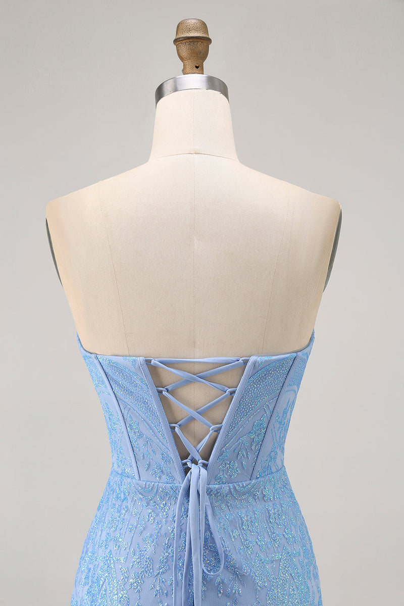 Load image into Gallery viewer, Sparkly Blue Corset Strapless Tight Short Prom Dress with Sequins
