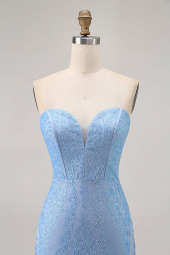 Sparkly Blue Corset Strapless Tight Short Prom Dress with Sequins