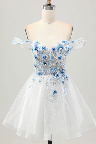 Sparkly White Blue Floral Short Corset Prom Dress with Beading