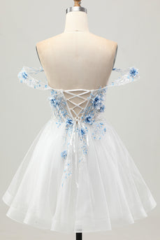 Sparkly White Blue Floral Short Corset Prom Dress with Beading