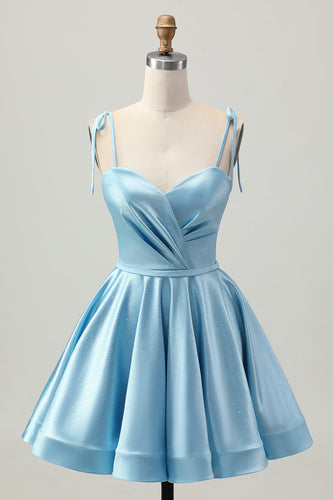 Blue A Line Spaghetti Straps Satin Short Prom Dress