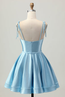 Blue A Line Spaghetti Straps Satin Short Prom Dress