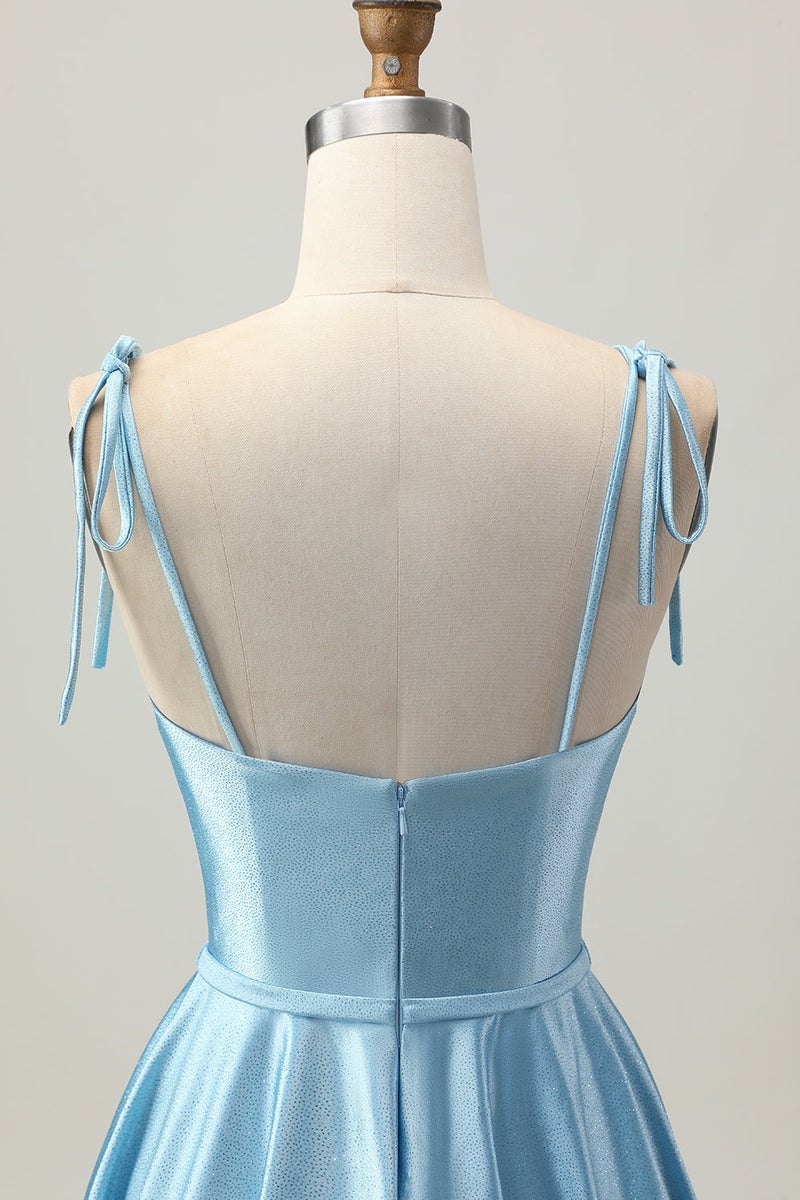 Load image into Gallery viewer, Blue A Line Spaghetti Straps Satin Short Prom Dress