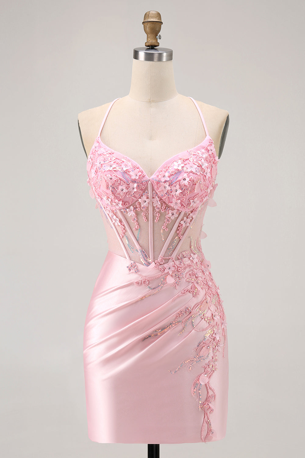Sparkly Candy Pink Floral Tight Short Corset Homecoming Dress with Sequins