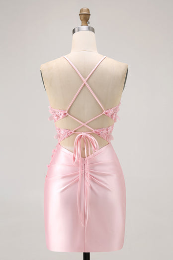 Sparkly Candy Pink Floral Tight Short Corset Homecoming Dress with Sequins