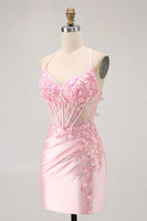 Load image into Gallery viewer, Sparkly Candy Pink Floral Tight Short Corset Homecoming Dress with Sequins