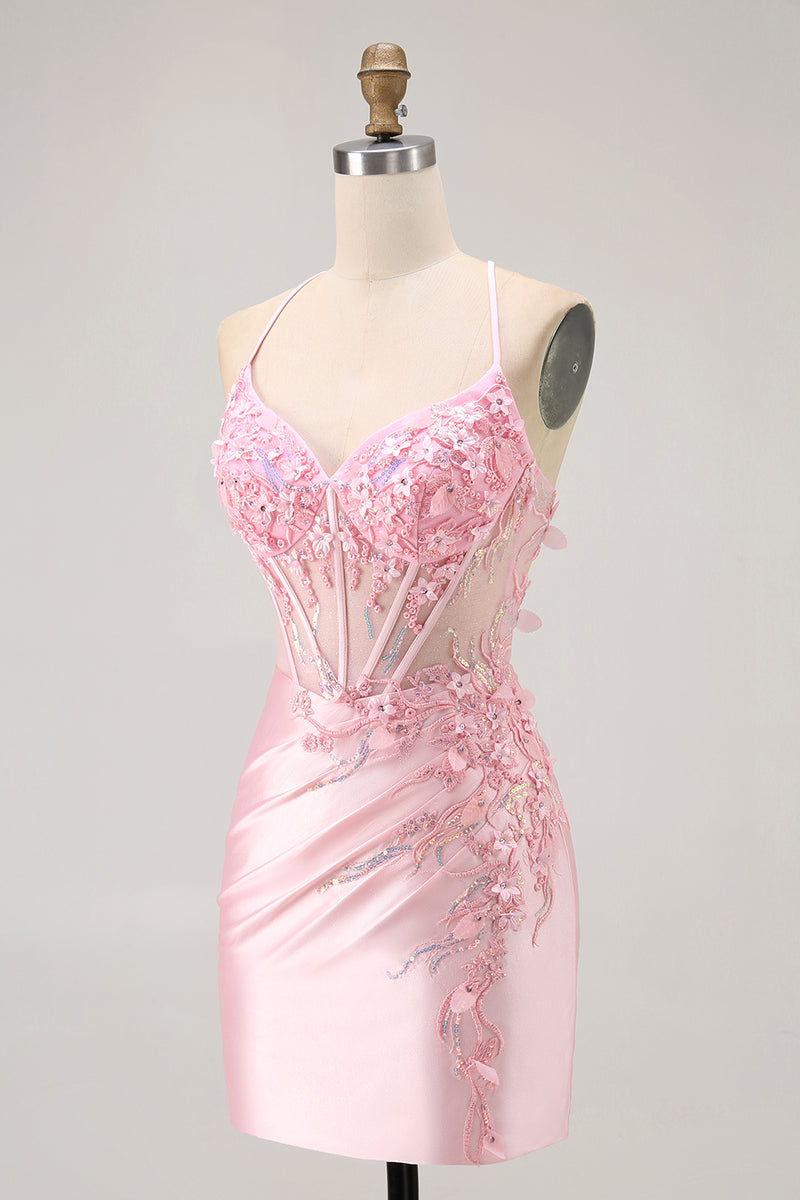Load image into Gallery viewer, Sparkly Candy Pink Floral Tight Short Corset Homecoming Dress with Sequins