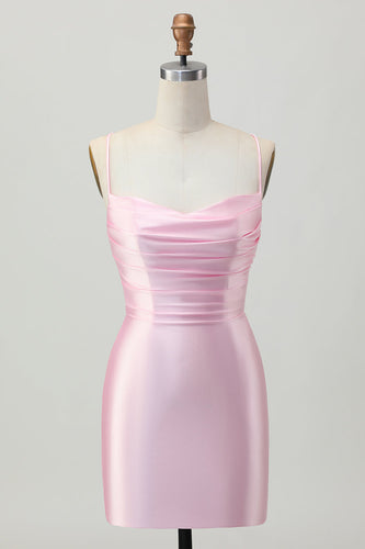 Blush Pink Spaghetti Straps Satin Tight Short Prom Dress