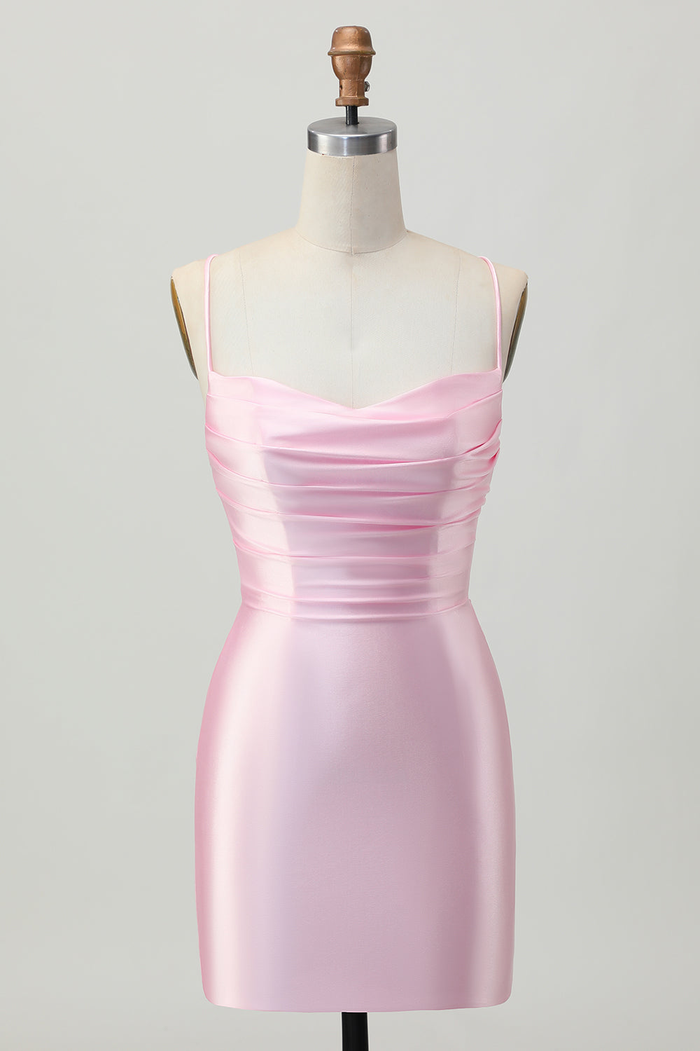 Blush Pink Spaghetti Straps Satin Tight Short Prom Dress