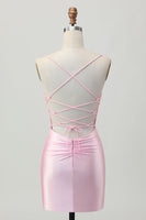 Load image into Gallery viewer, Blush Pink Spaghetti Straps Satin Tight Short Prom Dress