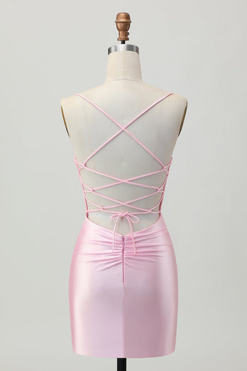 Blush Pink Spaghetti Straps Satin Tight Short Prom Dress