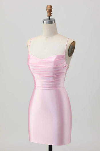 Blush Pink Spaghetti Straps Satin Tight Short Prom Dress