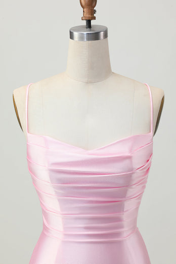 Blush Pink Spaghetti Straps Satin Tight Short Prom Dress