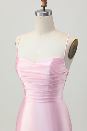 Blush Pink Spaghetti Straps Satin Tight Short Prom Dress