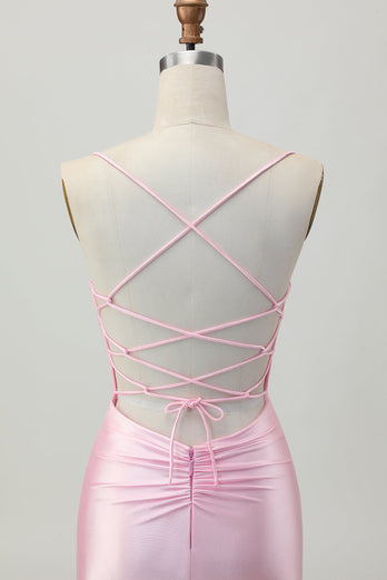 Blush Pink Spaghetti Straps Satin Tight Short Prom Dress