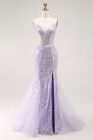 Load image into Gallery viewer, Sparkly Purple Sequins Mermaid Long Corset Prom Dress with Slit