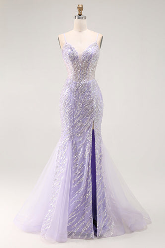 Sparkly Purple Sequins Mermaid Long Corset Prom Dress with Slit