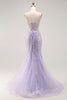 Load image into Gallery viewer, Sparkly Purple Sequins Mermaid Long Corset Prom Dress with Slit