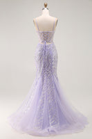 Load image into Gallery viewer, Sparkly Purple Sequins Mermaid Long Corset Prom Dress with Slit