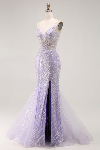 Sparkly Purple Sequins Mermaid Long Corset Prom Dress with Slit