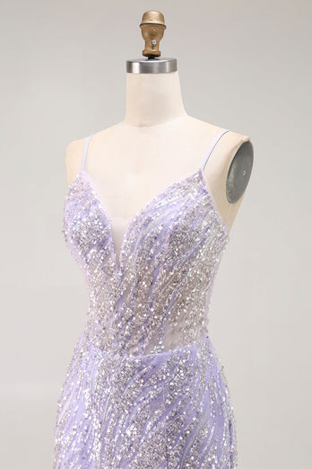 Sparkly Purple Sequins Mermaid Long Corset Prom Dress with Slit