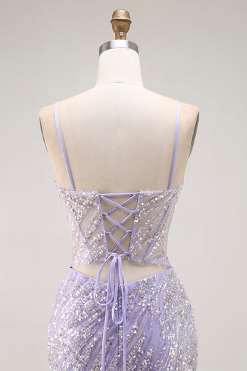 Sparkly Purple Sequins Mermaid Long Corset Prom Dress with Slit