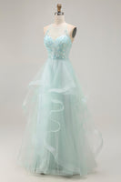 Load image into Gallery viewer, Sparkly Light Green Ruffled A Line Maxi Prom Dress with Beading