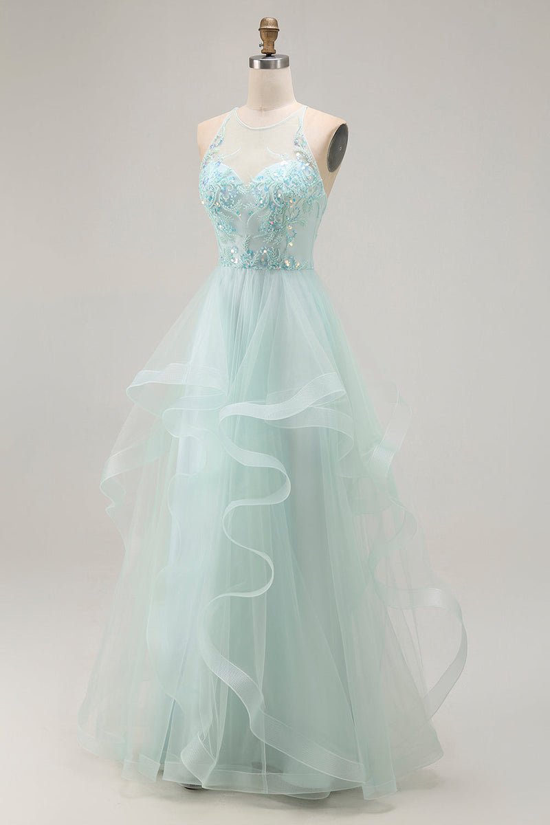 Load image into Gallery viewer, Sparkly Light Green Ruffled A Line Maxi Prom Dress with Beading