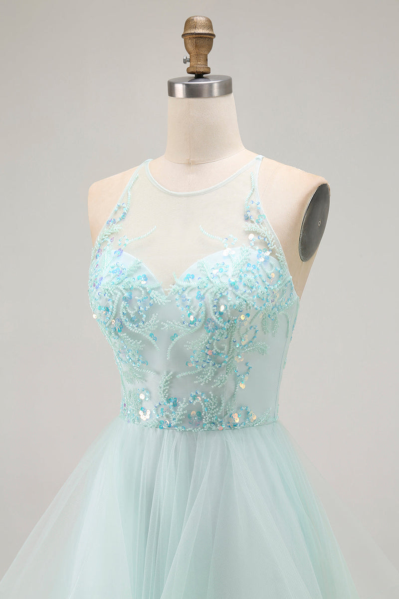 Load image into Gallery viewer, Sparkly Light Green Ruffled A Line Maxi Prom Dress with Beading