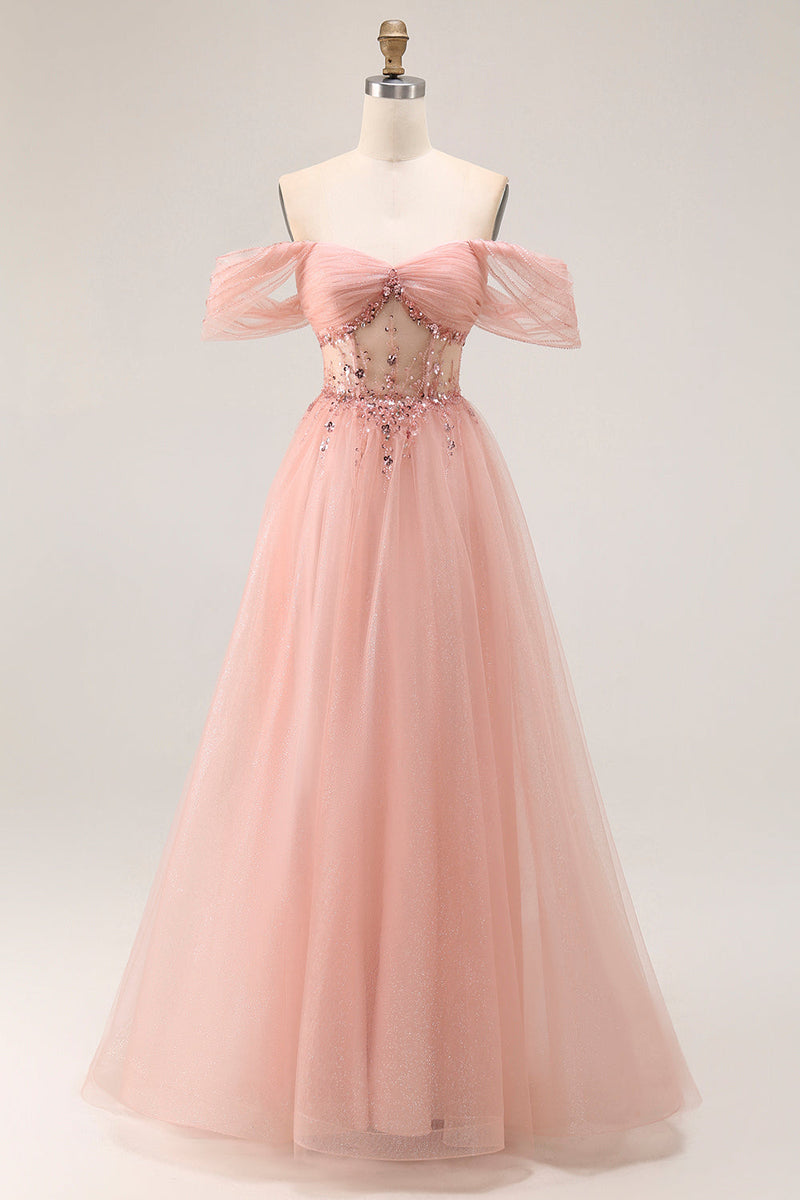 Load image into Gallery viewer, Sparkly Blush Off the Shoulder Maxi Prom Dress with Sequins