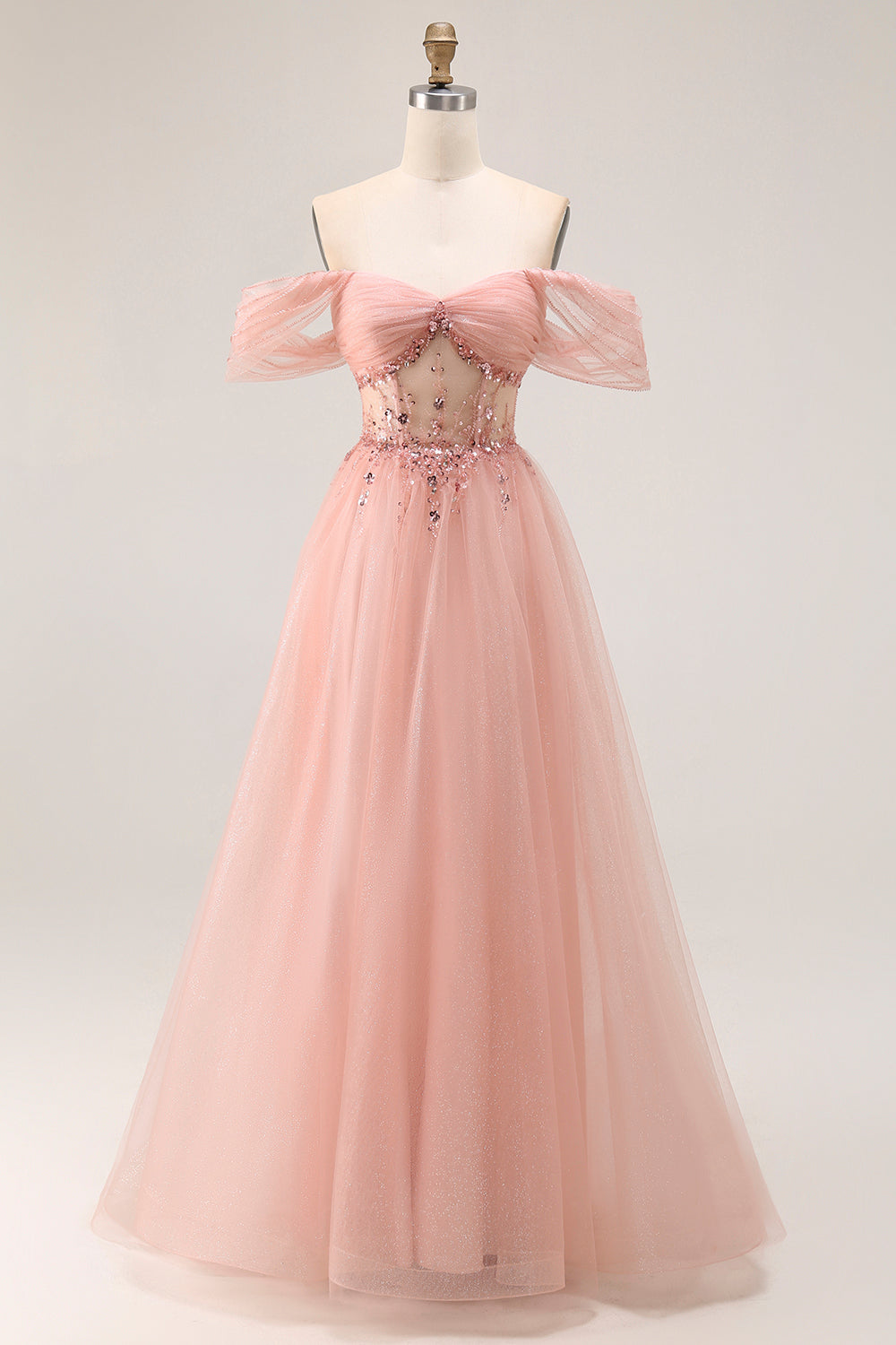 Sparkly Blush Off the Shoulder Maxi Prom Dress with Sequins