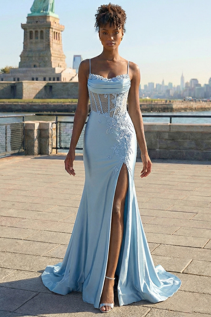 Load image into Gallery viewer, Sparkly Grey Blue Appliqued Mermaid Long Corset Prom Dress with Slit
