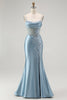 Load image into Gallery viewer, Sparkly Grey Blue Appliqued Mermaid Long Corset Prom Dress with Slit