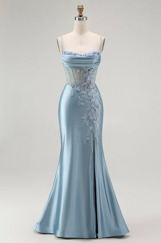 Sparkly Grey Blue Appliqued Mermaid Long Corset Prom Dress with Slit