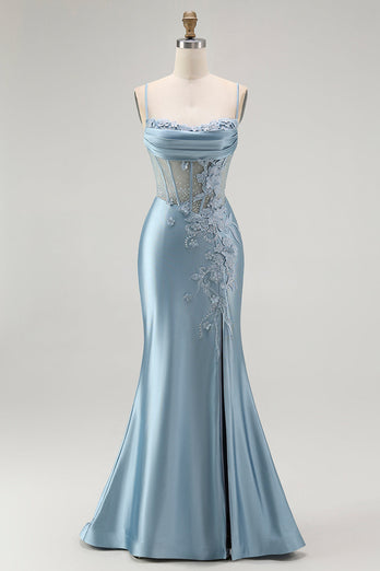 Sparkly Grey Blue Appliqued Mermaid Long Corset Prom Dress with Slit
