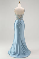 Load image into Gallery viewer, Sparkly Grey Blue Appliqued Mermaid Long Corset Prom Dress with Slit