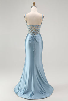 Sparkly Grey Blue Appliqued Mermaid Long Corset Prom Dress with Slit