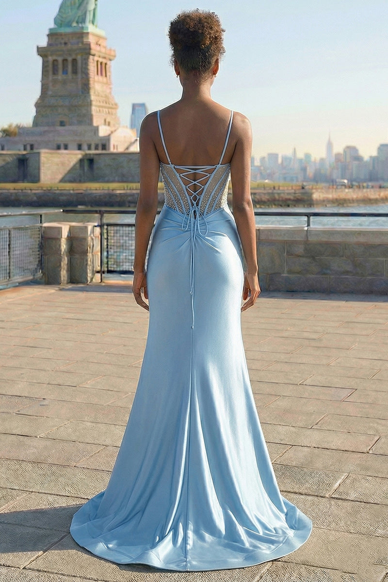 Load image into Gallery viewer, Sparkly Grey Blue Appliqued Mermaid Long Corset Prom Dress with Slit