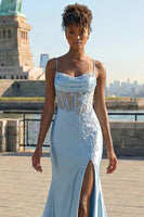 Load image into Gallery viewer, Sparkly Grey Blue Appliqued Mermaid Long Corset Prom Dress with Slit
