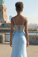 Load image into Gallery viewer, Sparkly Grey Blue Appliqued Mermaid Long Corset Prom Dress with Slit